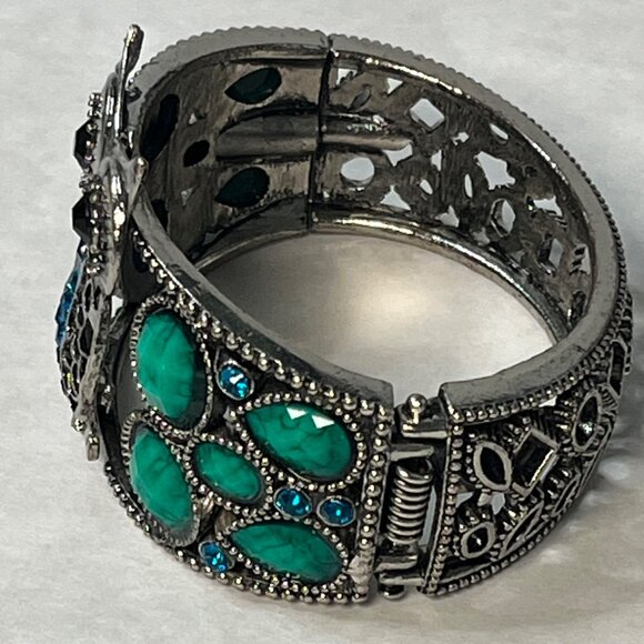 Silver Owl Cuff Bracelet With Green & Blue Gemstones Hinged Closure Intricate De - Picture 5 of 5